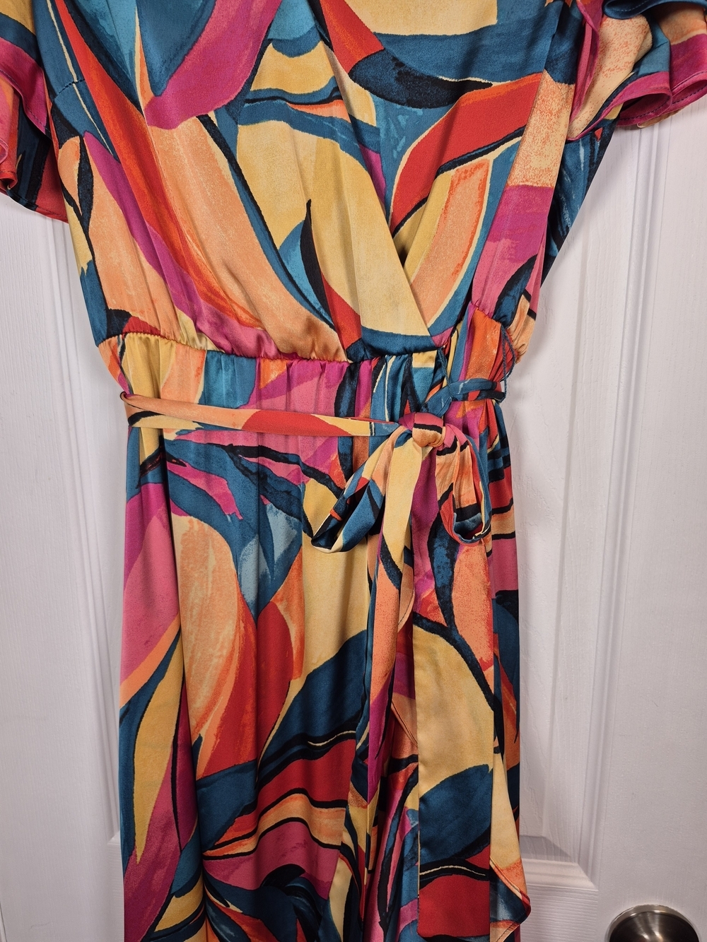Nicole Miller Flutter Sleeve Ruffle Wrap Midi Dress Abstract Art Print S - Picture 6 of 8